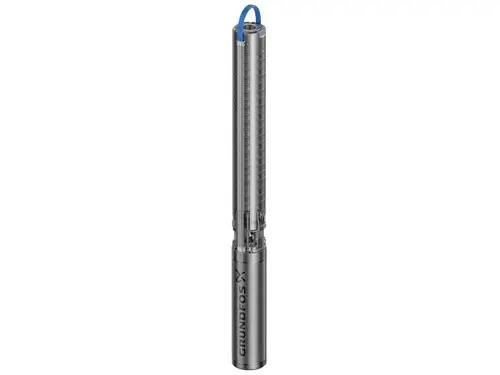 Grundfos Unterwasserpumpe in schlanker, zylindrischer Form, aus Edelstahl, mit Anschlusskabel und klarer Skala entlang der Oberfläche.